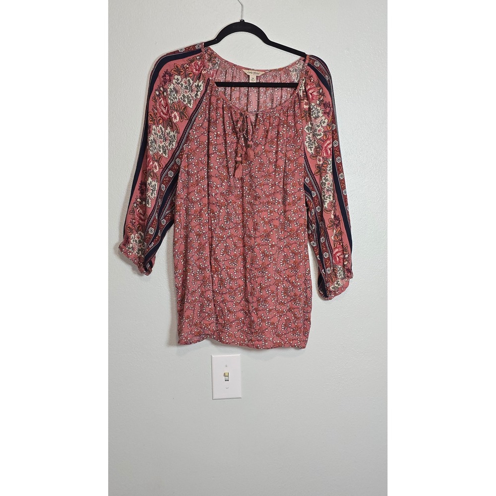 Lucky Brand Womens 3X Boho Peasant Blouse Pink Floral Gauzy Tassel Tie Top